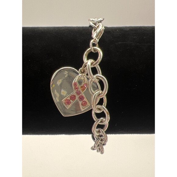 Silver-Tone Heart Charm Bracelet With Pink Ribbon Gemstone Design 7 Inches Women - Picture 2 of 5